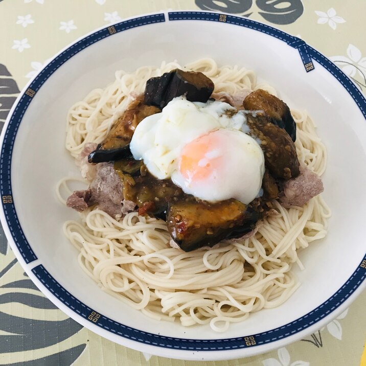 アレンジ素麺❤ピリ辛茄子と豚肉のっけ